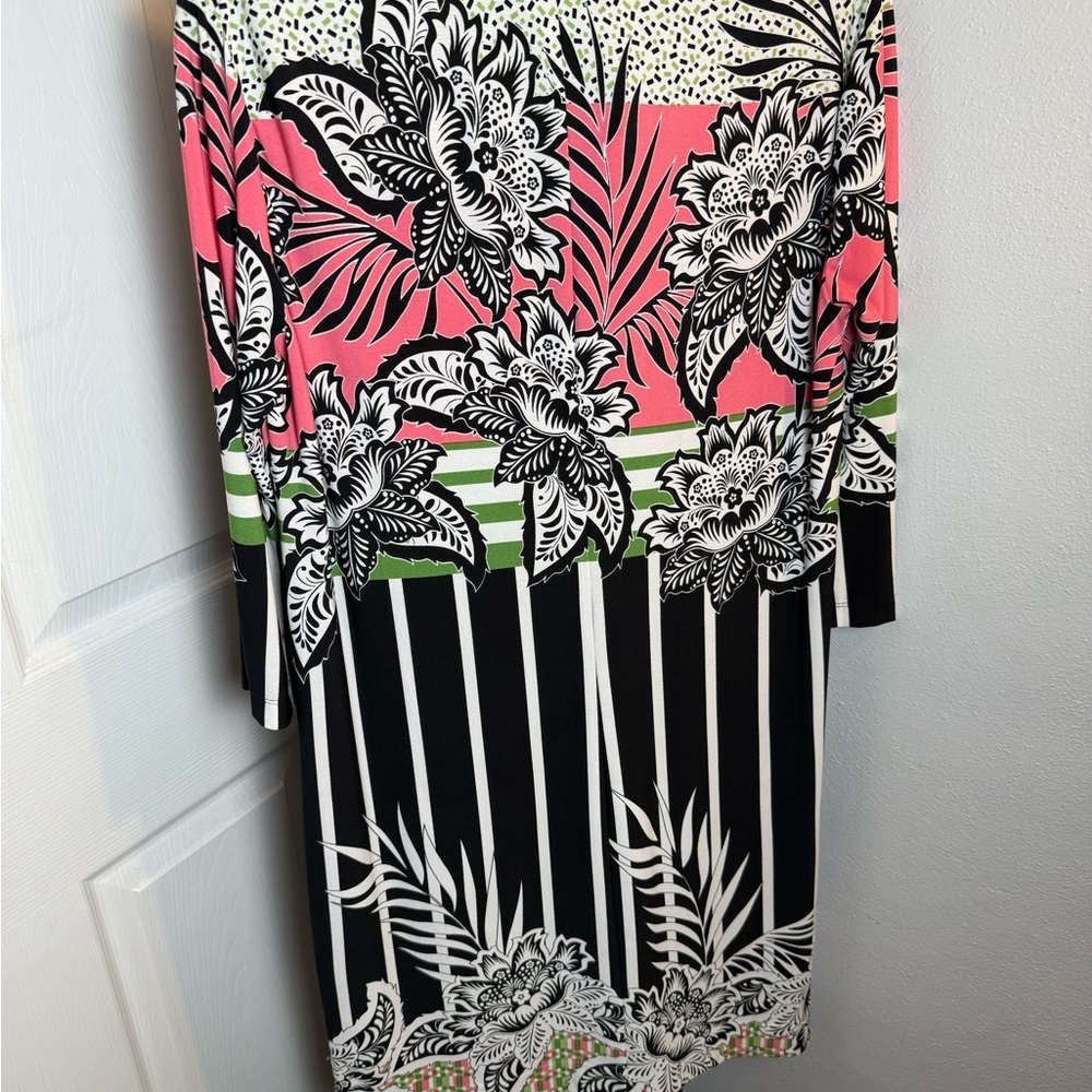 Donna Morgan Floral Print Midi Dress - Pink, Green, Black - Picture 3 of 9